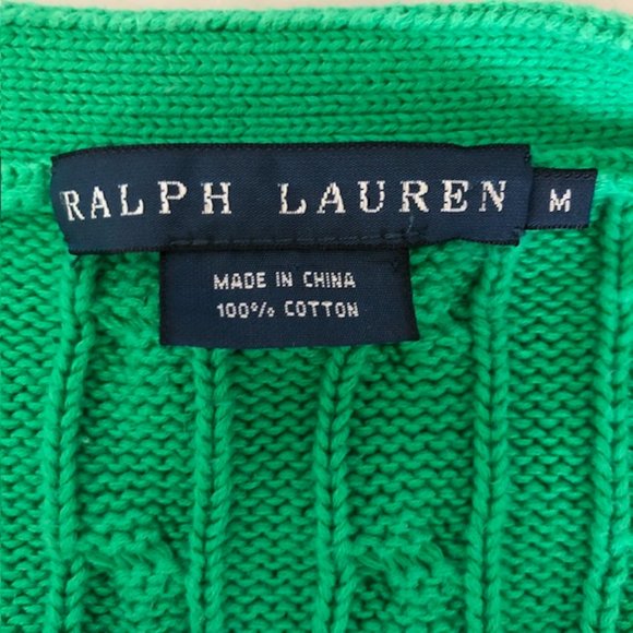 RALPH LAUREN Green Cable Short Sleeve Button Front V Neck Cotton Sweater… - Picture 4 of 17